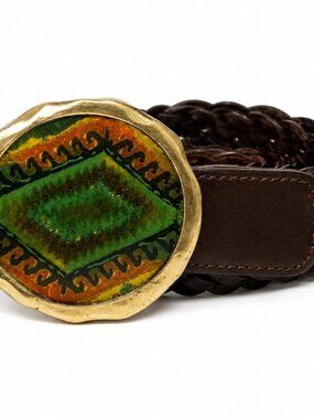 Chico’s Multicolor Enamel Round Buckle Belt Accessory – Green & Gold